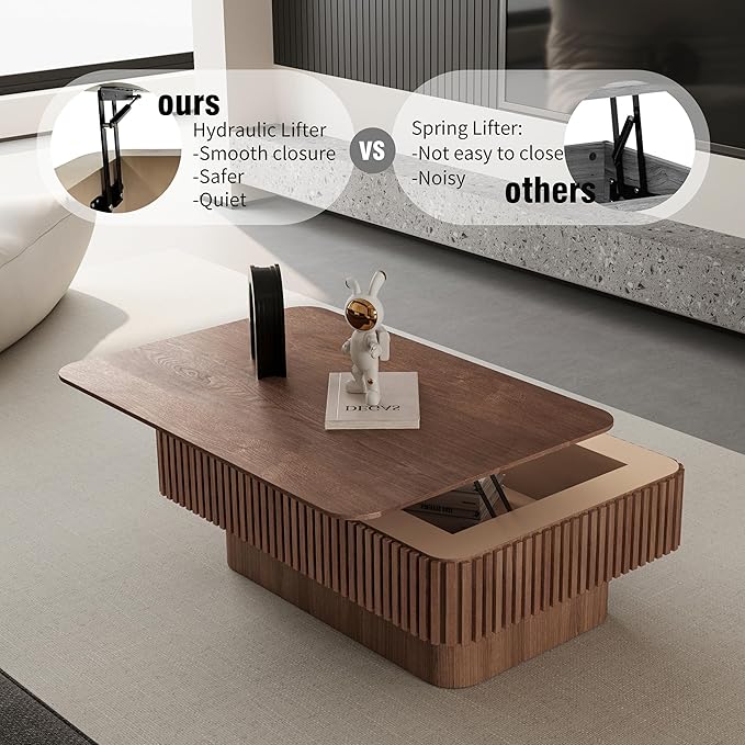 38.6" Lift Top Coffee Table, Modern Fluted Tea Table with Hidden Storage for Living Room, Apartment or Office, Walnut