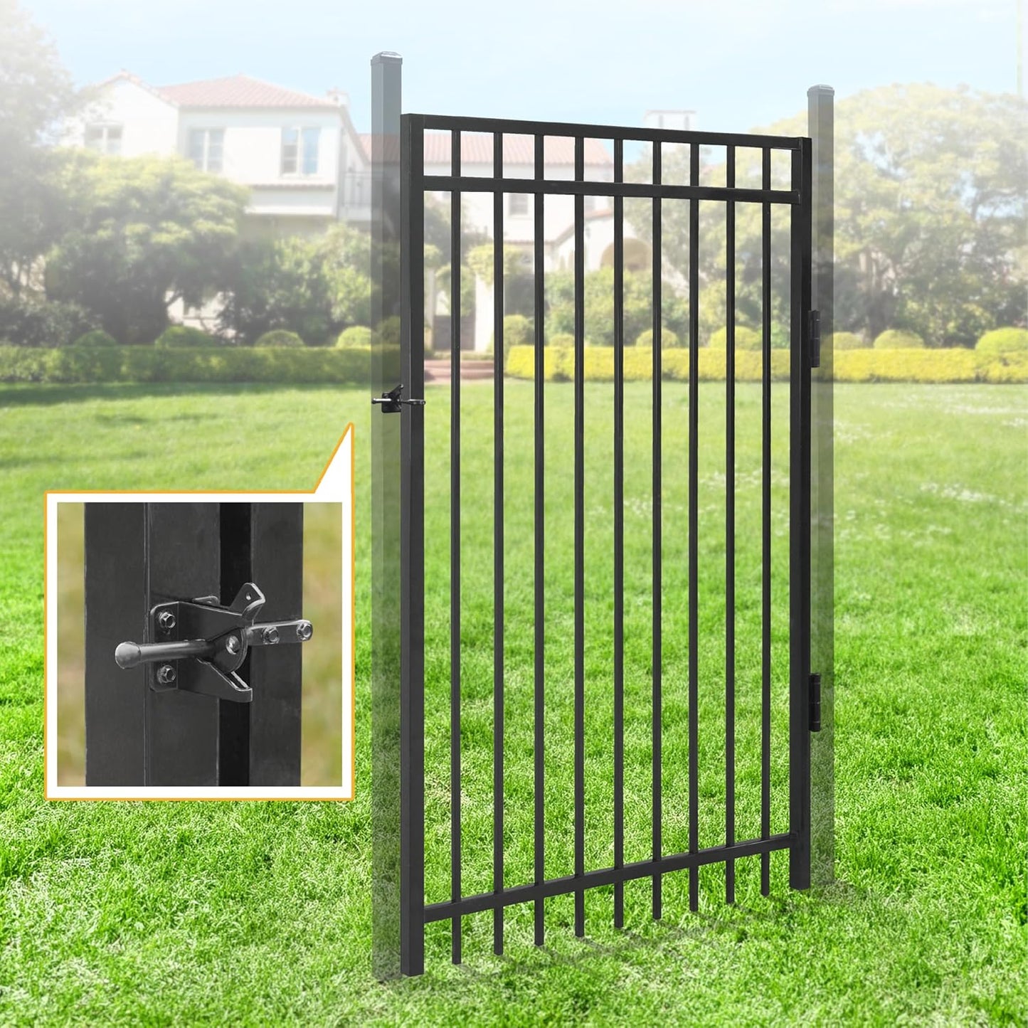 Fencer Wire Heavy Duty Flat Top Fence Gate, 6FT Height x 4FT Width Outdoor Fence Gate, Outdoor Anti-Rust Metal Steel Gate for Fencing Barrier, Decorative Garden Gate for Residential, Yard, Pool, Patio