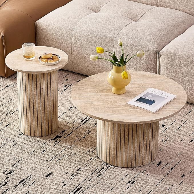 Round Nesting Coffee Tables Set of 2 -φ27.6 Large Short + φ15.8 Small Tall Boho Circle Side Tables with Fluted Drum Design, Beige