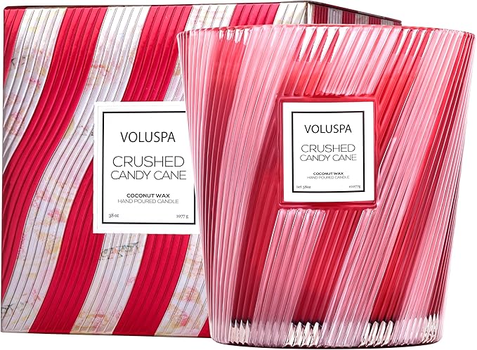 Voluspa Crushed Candy Cane, 3 Wick Boxed Hearth, 38 oz, 80 Hour Burn Time, Coconut Wax for Clean Burning, Handcrafted in The USA