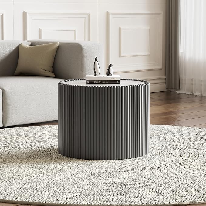 Round Living Room Table Set, 29.52" Grey Drum Center Table and 17.71" Grey Coffee Table Set, 2 Pieces Coffee Table Set with Sintered Stone Tabletop,Fluted PU Leather Covered and StableBase