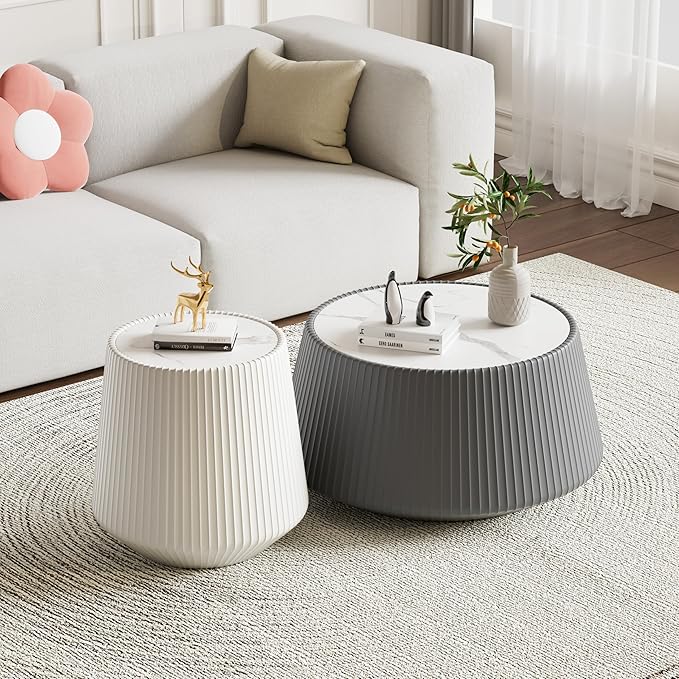 Round Living Room Table Set, 26.77" Grey Drum Center Table and 19.68" White Coffee Table Set, 2 Pieces Coffee Table Set with Sintered Stone Tabletop, Fluted PU Leather Covered and StableBase