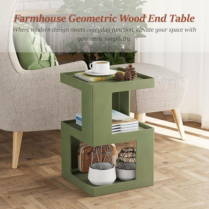 COZAYH Farmhouse Geometric Wood End Table, Distressed Accent Side Table with Two Storage Space, 3-Layer Cube Design for Bedroom, Living Room, Entryway, Green