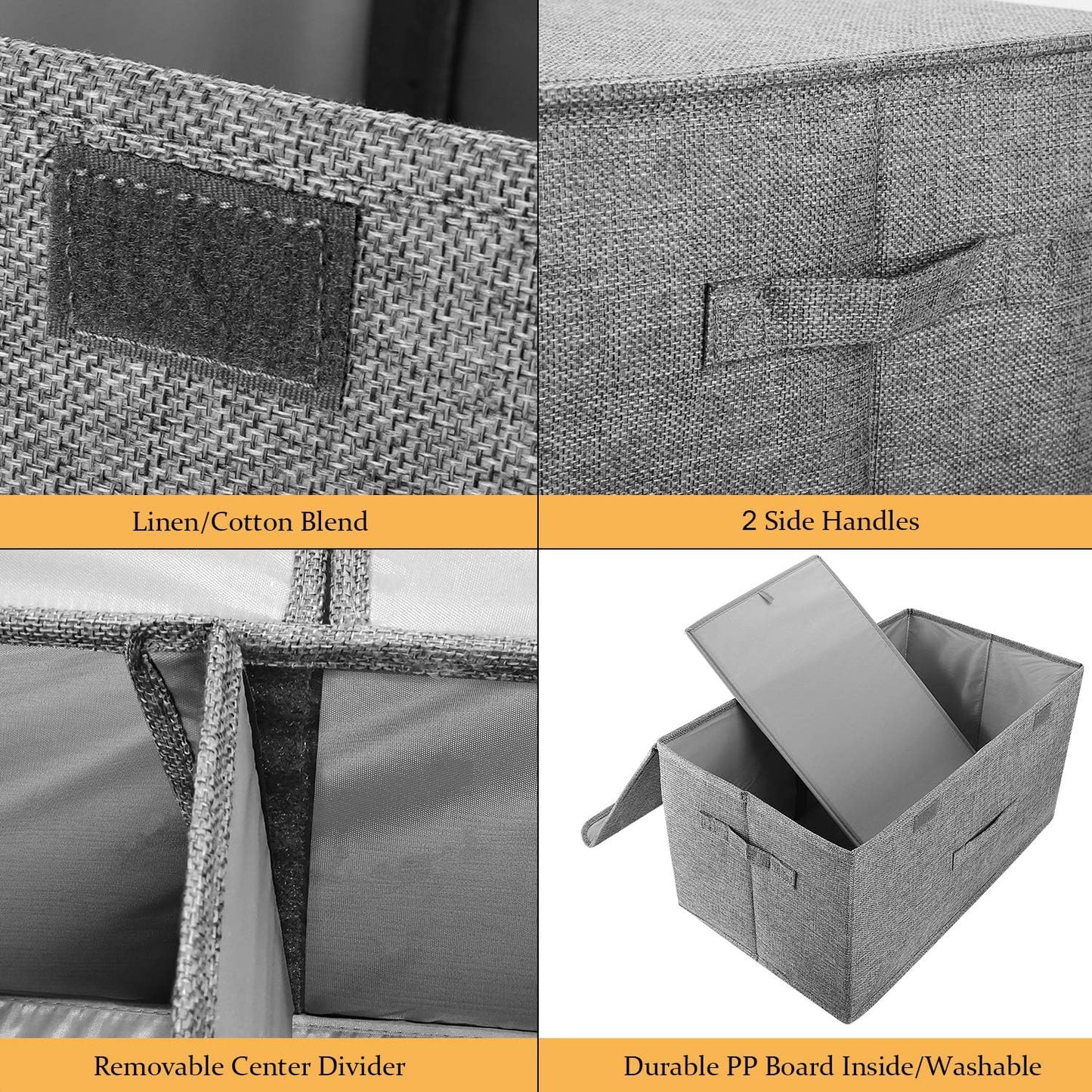 2 Pack Large Linen Fabric Collapsible Storage Bins with Lid and Handles, Washable Storage Box Baskets Cube with Removable Divider for Bedroom,Closet,Office,Living Room,Nursery (Black, Large)