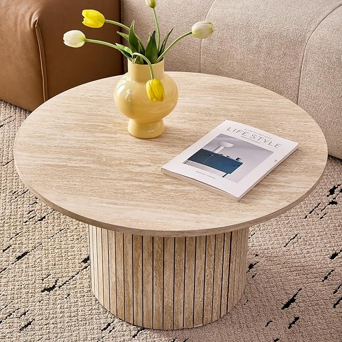 Round Nesting Coffee Tables Set of 2 -φ27.6 Large Short + φ15.8 Small Tall Boho Circle Side Tables with Fluted Drum Design, Beige