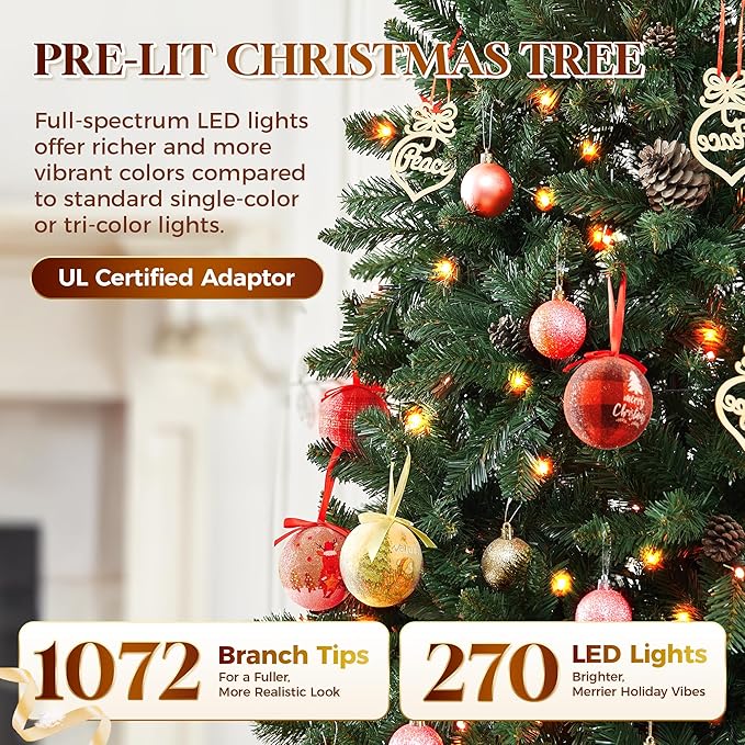 HOLLO STAR 6 ft Prelit Christmas Tree with 270 LED Lights, App Control, Artificial Christmas Tree with Multi-Color RGBW Lights, 1072 Branch Tips, Metal Base, Easy to Assemble, for Home, Party