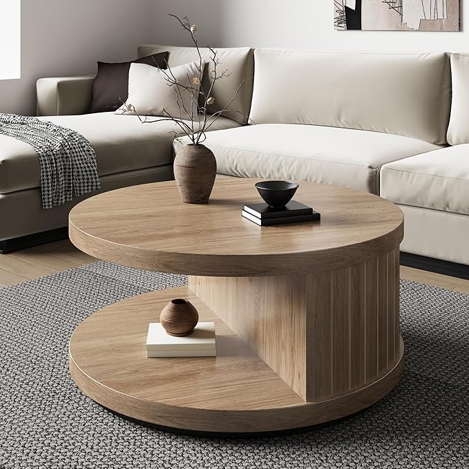 31-Inch Round Coffee Tables for Living Room, Wood Center Tea Tables with Open Shelf, Aesthetics Fluted Circle Coffee Table with Storage for Home Office, Natural Oak Brown