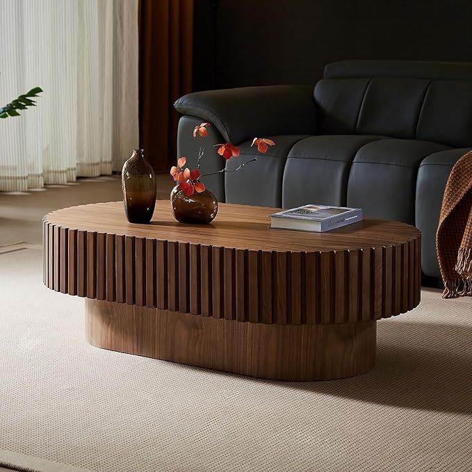 WILLIAMSPACE 43.7" Walnut Oval Coffee Table, Mid Century Modern Luxury Wood Drum Center Table for Living Room, Handcraft Accent Side Table for Apartment, 43.7"*24.8"*13.78"H (Walnut)