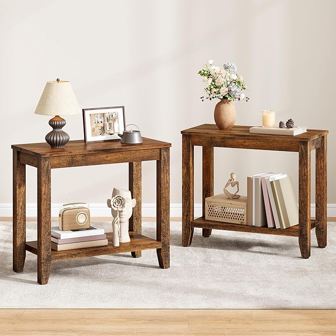 Hoctieon End Table with Double Storage Shelves, Sturdy Wooden Side Table for Living Room, Bedroom, Modern Nightstand Sofa Table for Small Spaces, Rustic Brown
