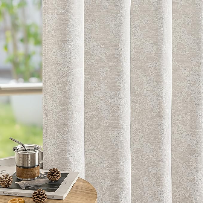FMFUNCTEX Beige Floral Jacquard Blackout Curtains 84 Inches Long for Bedroom, Scroll Flower Chenille Farmhouse Curtains for Living Room Darkening Thermal Insulated Grommet Window Drapes 2 Panels