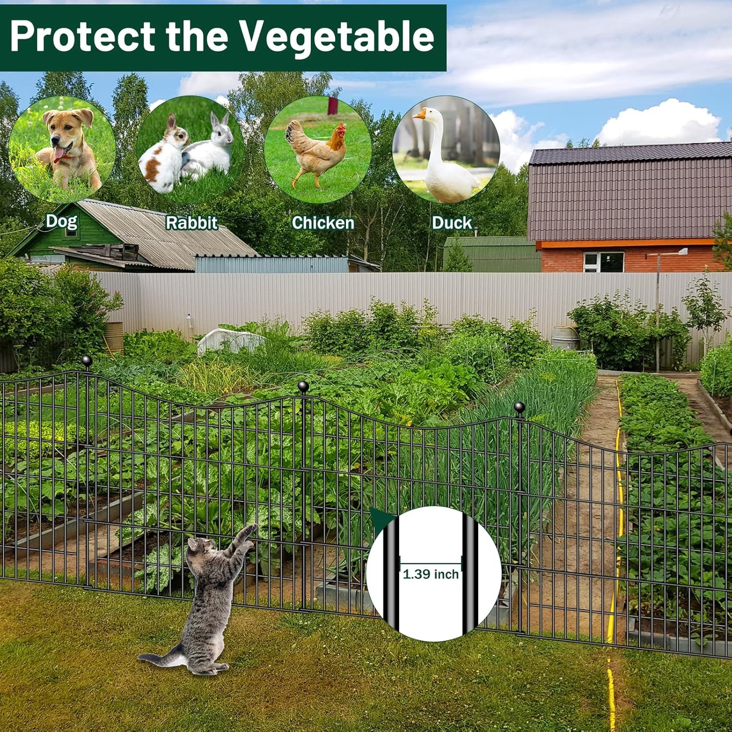 4 Panels Decorative Garden Fence with Gate, 48 in(H) X 10.5 ft(L) No Dig Dog Fence Animal Barrier Outdoor for Yard, Rustproof Metal Garden Edging and Borders, Temporary Fencing Stakes