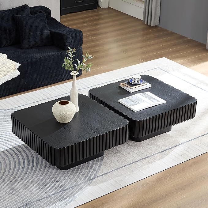 31.5" Square Coffee Table with Sturdy Base, Modern Luxury Wood Drum Center Tables,Small Wooden Accent with MDF, for Living Room, Minimalist Fluted Design-Black