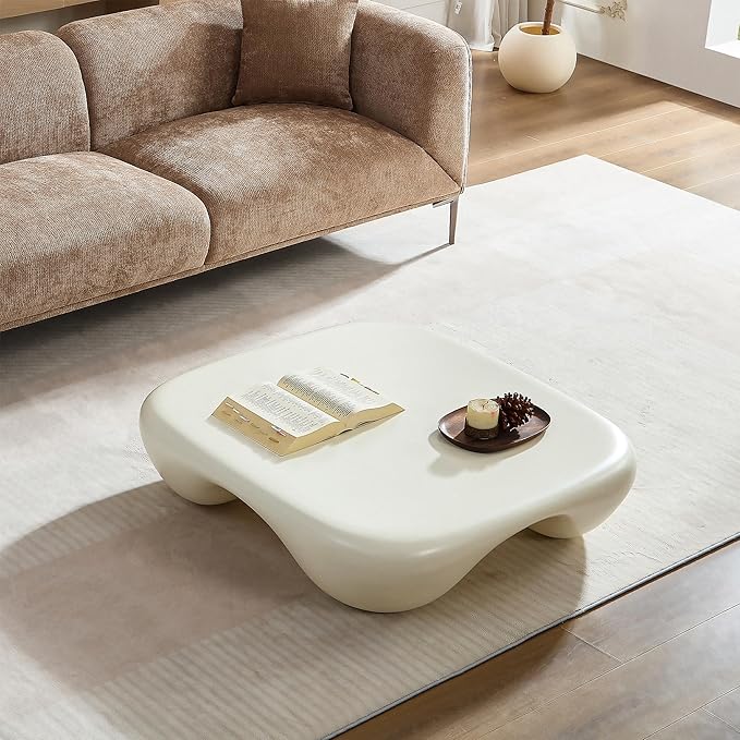 Cloud Square Modern Coffee Table, Heavy Duty Low Profile End Table with Stable 4-Leg Base and Strong Tempered Glass Top, Cream Style Sofa Side Table (White Matte)