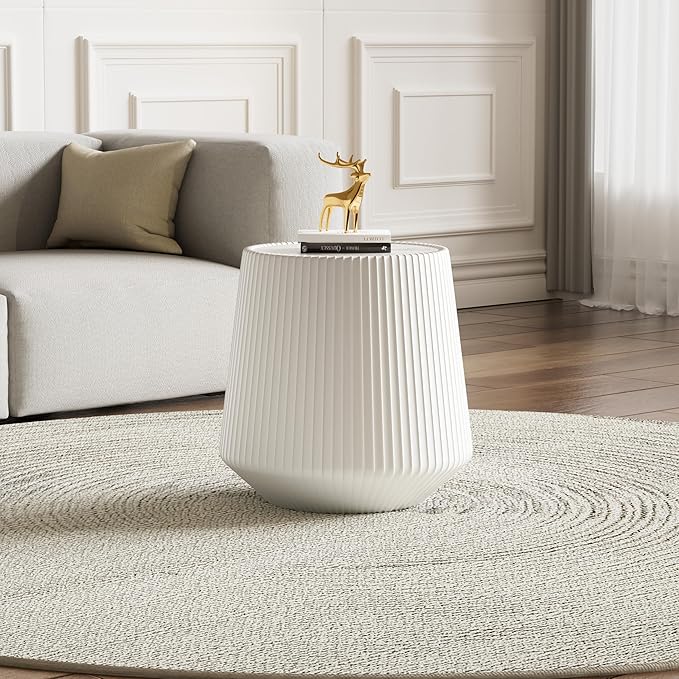 19.68" White Round Coffee Table, Drum Coffee Table with Sintered Stone Tabletop and Fluted PU Leather Covered and Stable Base, Circle Cocktail Tea Table for Living Room
