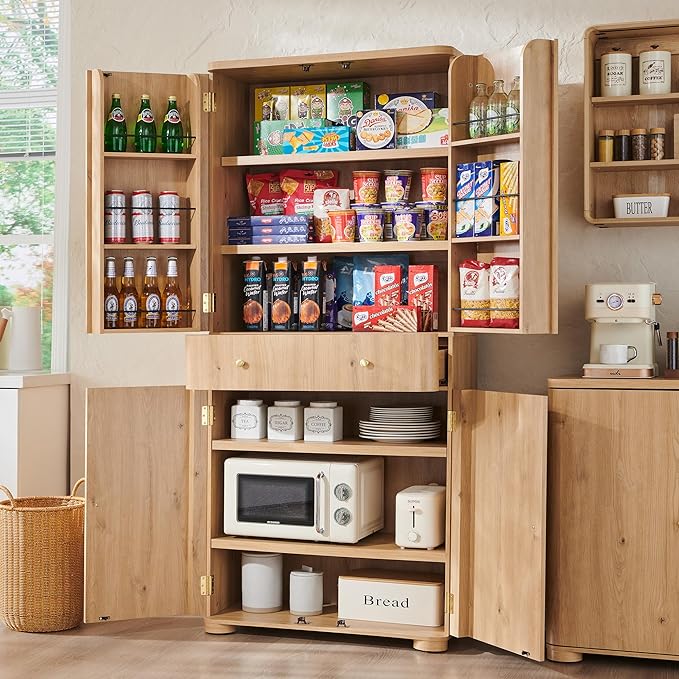 71" Tall Kitchen Pantry, Modern Curved Pantry Storage Cabinet with 4 Doors and 6 Adjustable Shelves, Cupboard for Kitchen, Dining Room, Living Room and Bathroom, Natural