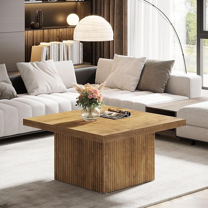 Tribesigns Square Coffee Table, 31.5-Inch Fluted Coffee Table, Mid-Century Modern Living Room Table, Large Cocktail Table for Living Room, Easy Assembly, Yellow