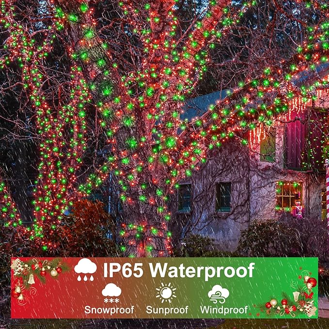 Red and Green Christmas Lights Outdoor, 100FT 300 LED Christmas Tree Lights with 8 Modes Waterproof, Plug in Green Wire String Twinkle Lights for Indoor Yard Garden Xmas Party Holiday Decorations