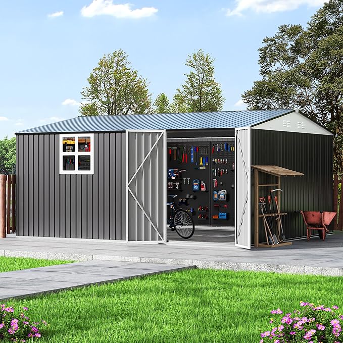 12x14 FT Outdoor Metal Storage Shed with Window, Large Lockable Metal Garden Tool Shed with Heavy-Duty Frame for Backyard, Patio, and Lawn, Black