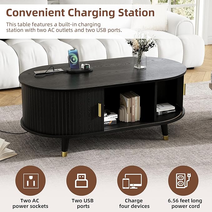 WILLIAMSPACE 42.5" Oval Coffee Table with Storage & Charging Station, Mid-Century Modern Center Table with Sliding Tambour Door, Farmhouse Tea Table with Solid Wood Legs for Living Room, Black