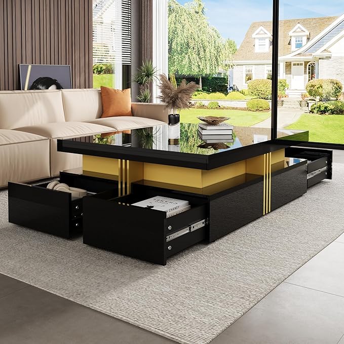 Merax 43.3" Modern Glossy Square Storage Coffee Table with 4 Drawers, Gold Accents, Functional Center Tables for Living Room Apartment, Glossy Black