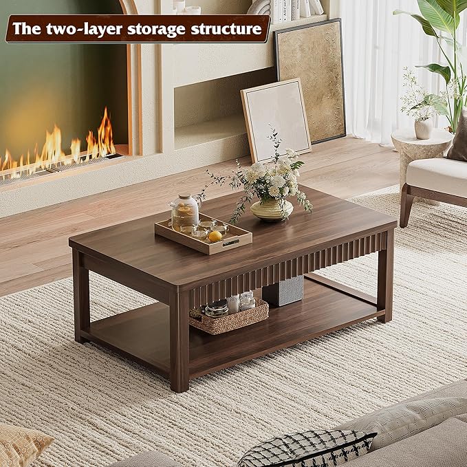 Coffee Table, 39 Inch Modern Coffee Tables for Living Room with 2-Tier Storage & Wave-Edge, Walnut Center Table for Bedroom/Office