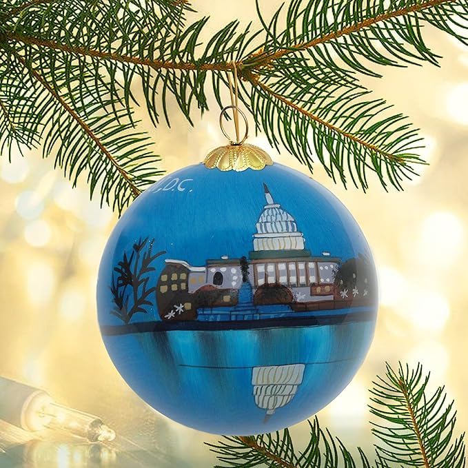Blown Glass Christmas Ornament | U.S. Capitol at Night | Hand Painted Inside | Original Art | Includes Gift Box