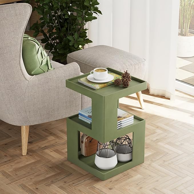 COZAYH Farmhouse Geometric Wood End Table, Distressed Accent Side Table with Two Storage Space, 3-Layer Cube Design for Bedroom, Living Room, Entryway, Green