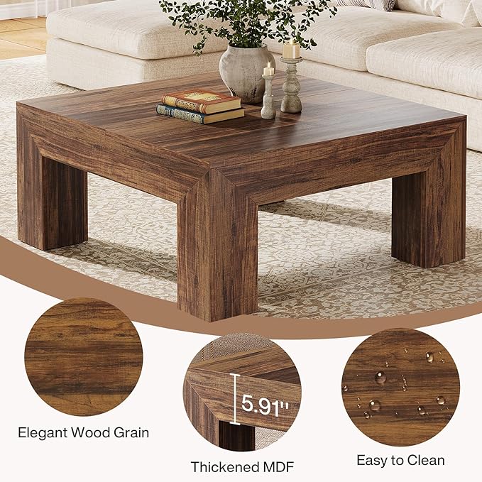 Tribesigns 39.4-Inch Square Coffee Table for Living Room, Farmhouse All MDF Center Cocktail Tea Table with Sturdy Wooden Legs, Easy Assembly, Dark Brown