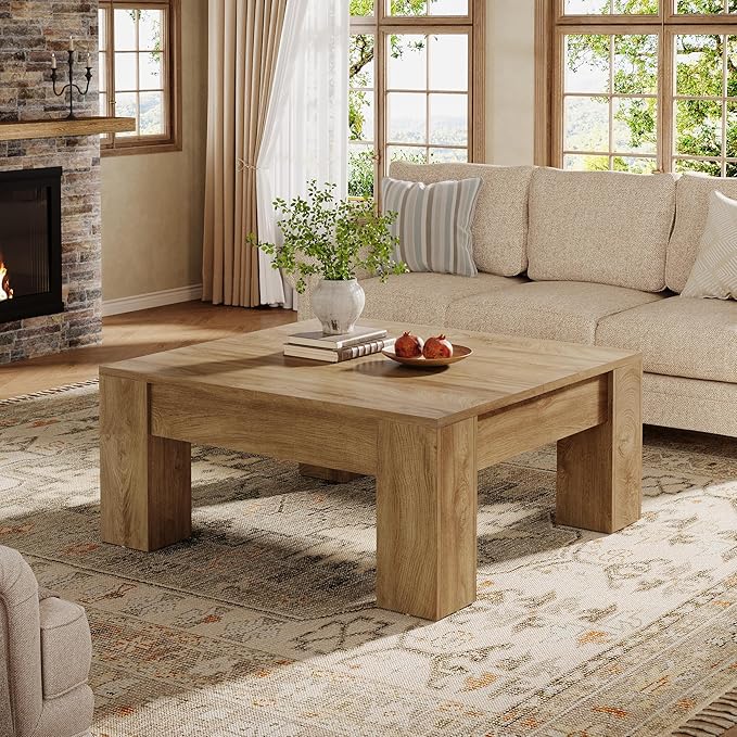 Tribesigns Square Coffee Table, 39-Inch Farmhouse Wooden Coffee Table with Sturdy Legs, Rustic Accent Center Table for Living Room, Easy Assembly, Light Brown