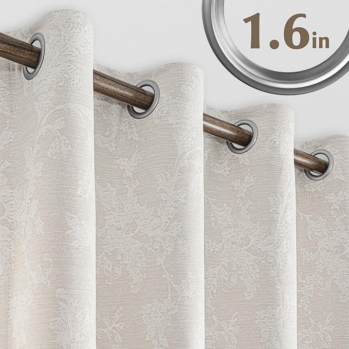 FMFUNCTEX Beige Floral Jacquard Blackout Curtains 84 Inches Long for Bedroom, Scroll Flower Chenille Farmhouse Curtains for Living Room Darkening Thermal Insulated Grommet Window Drapes 2 Panels
