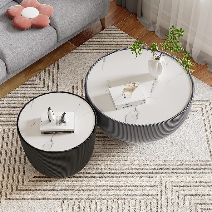 Round Living Room Table Set, 27.56" Grey Drum Center Table and 19.69" Black Coffee Table Set, 2 Pieces Coffee Table Set with Sintered Stone Tabletop, Fluted PU Leather Covered and Metal Base