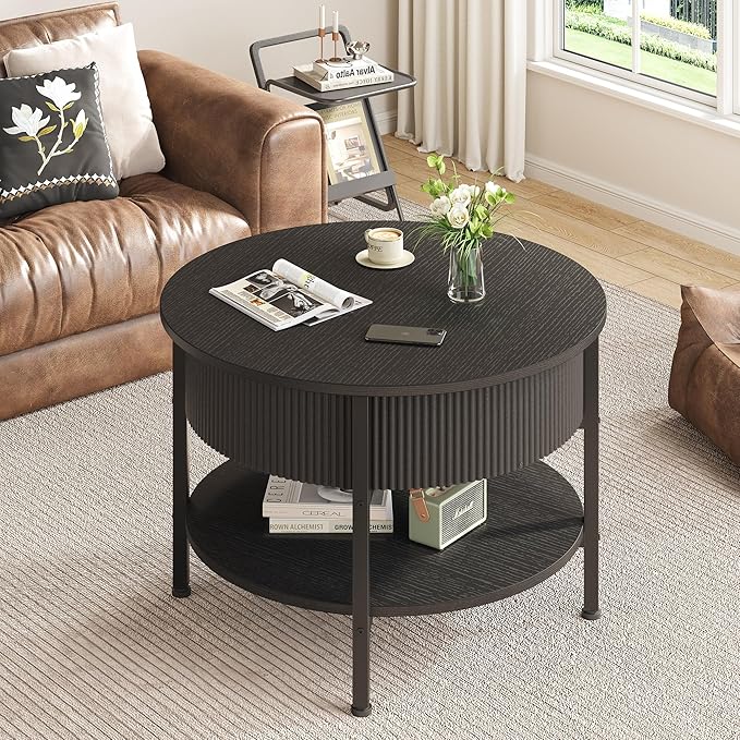 Round Coffee Table, Fluted Lift Top Coffee Table with Hidden Compartment and Open Shelf, 26.77” Small Central Table for Living Room, Home Small Space, Mid-Century Black