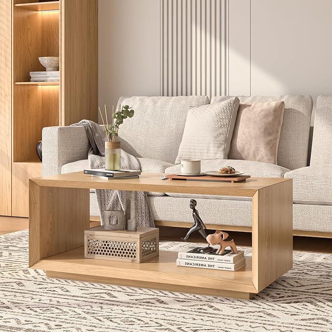 Coffee Table with Storage, Mid Century Modern, Rectangle Cocktail Tea Table, Farmhouse Wood Coffee Table for Living Room, Home Office (Natural Oak)