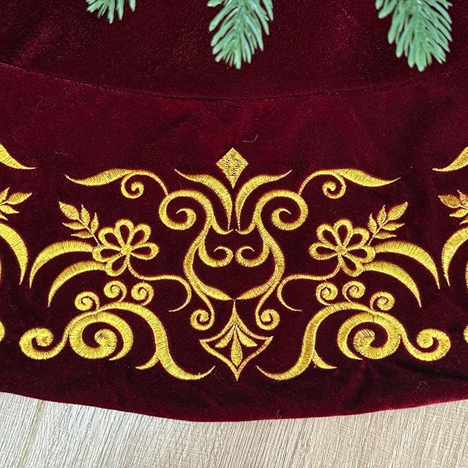 72-Inch Victorian Velvet Christmas Tree Skirt with Gold Damask Embroidery and Plush Lace Ties, Burgundy
