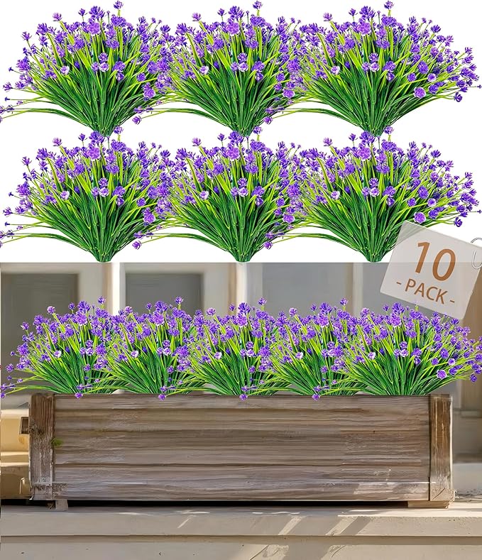 Faux Outdoor Plastic Plants 10 Bundles No Fade Artificial Flowers UV Resistant Fake Shrubs for Home Party Fake Plants for Planters Purple