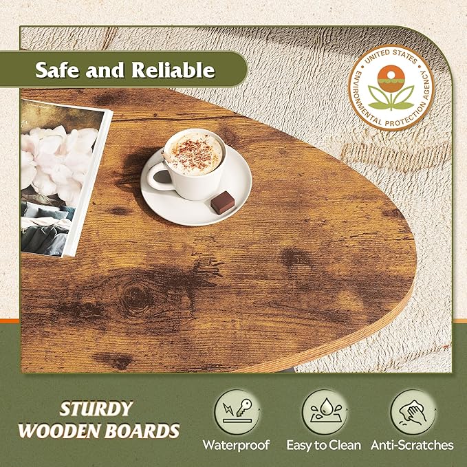 WLIVE Oval Coffee Tables, Modern Coffee Table for Living Room, Coffe Table for Small Space Home Office, Easy Assembly, 33.5" W x 18.9" D x 18.7" H, Rustic Brown