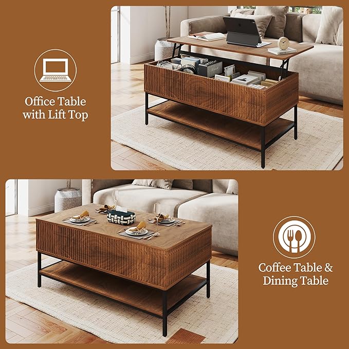 AQY Lift Top Coffee Table with Storage, 39.2" Modern Wooden Center Table with Hidden Compartment & Lower Shelf, Multifunctional Coffee Table for Living Room, Office,Assembly Required