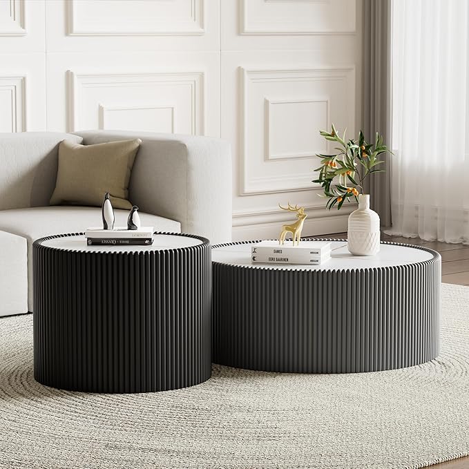 29.52" Grey Round Coffee Table, Drum Coffee Table with Sintered Stone Tabletop and Fluted PU Leather Covered and Stable Base, Circle Cocktail Tea Table for Living Room