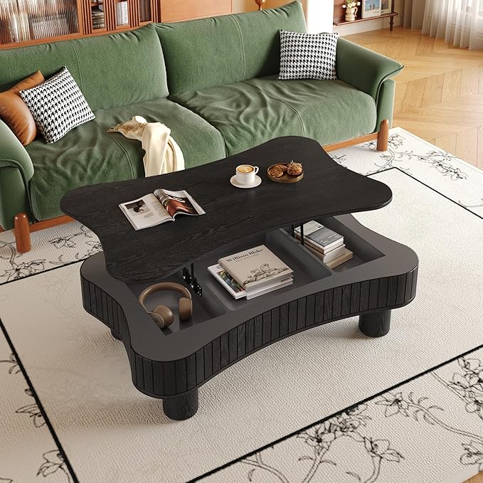 WILLIAMSPACE 42" Lift Top Coffee Table with Hidden Storage, Modern Luxury Wooden Center Table with Silent Hydraulic Lift, Curved Safety Corners, Accent Side Tea Table for Living Room, Black