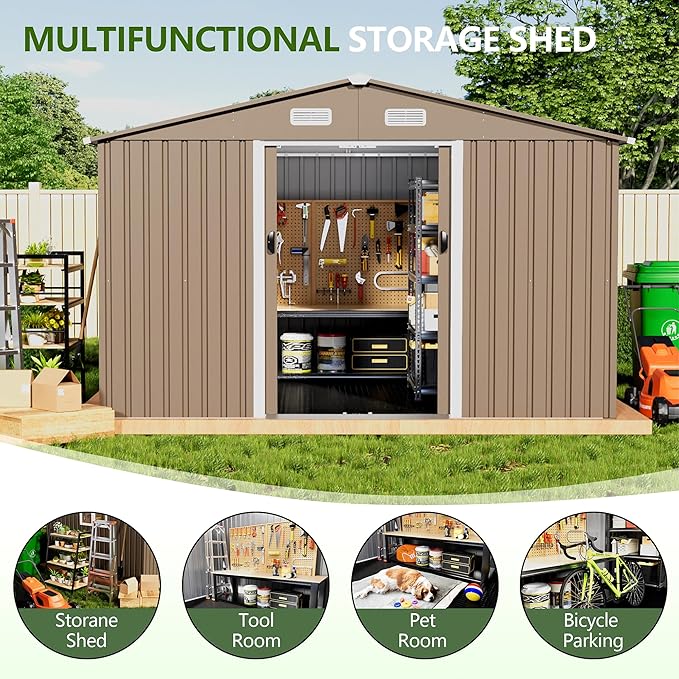 10x8FT Outdoor Storage Shed with Floor & Lockable Sliding Doors,Metal Storage Shed with 1 Air Vents,Waterproof Garden Shed for Backyard,Patio, Lawn,(Brown,Base Included)