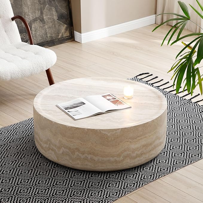 Round Mars Pattern Coffee Table for Living Room Modern Faux Stone Coffee Tables for Apartment, No Need Assembly, Fiberglass Material Faux Travertine Textured Marble Pattern (ø35.43" x 12")