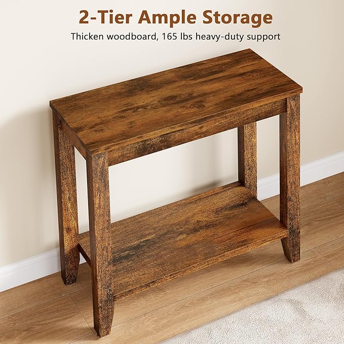 Hoctieon End Table with Double Storage Shelves, Sturdy Wooden Side Table for Living Room, Bedroom, Modern Nightstand Sofa Table for Small Spaces, Rustic Brown