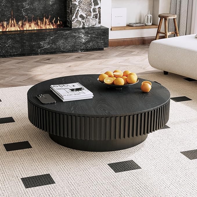 39" Round Coffee Table with Hidden Storage Compartment, Modern Handcraft Fluted Drum Coffee Table, Wooden Circle Center Table Cocktail Tea Table with Sturdy Pedestal for Living Room, Black