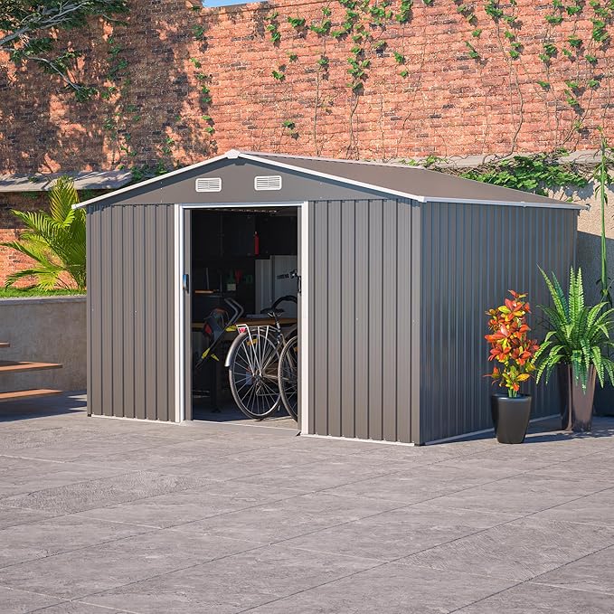 Storage Shed 10x8 FT Outdoor Metal Garden Shed with Lockable Sliding Door and Air Vents Galvanized Steel Shed with Air Vents Waterproof Roof Ideal for Backyard Patio Lawn Dark Gray