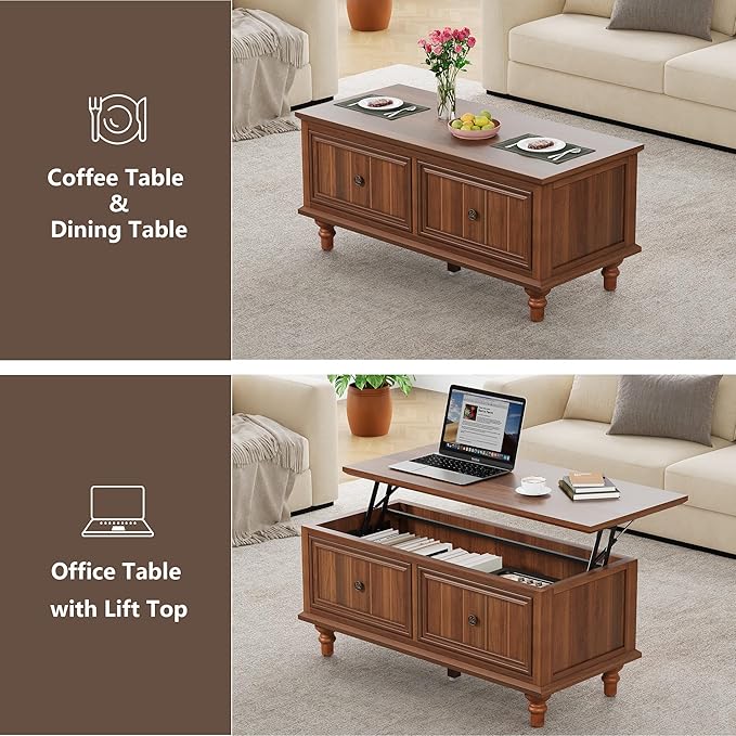 Lift Top Coffee Table with Storage, 39" Wood Rectangular Center Table with Lifting Top, Sturdy Space-Saving Dining Table for Living Room Home Office Small Space (Walnut)