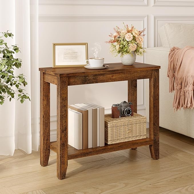 Hoctieon End Table with Double Storage Shelves, Sturdy Wooden Side Table for Living Room, Bedroom, Modern Nightstand Sofa Table for Small Spaces, Rustic Brown