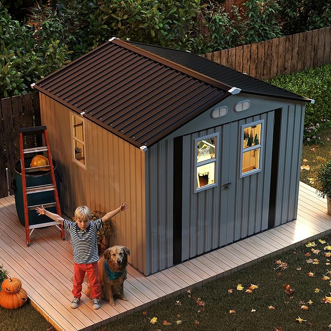 KEIKI 8x8 Metal Storage Shed with Protective Film, 4 Daylight Windows, Lockable Double Doors, Heavy-Duty Color Steel Outdoor Storage Shed for Backyard Garden, White