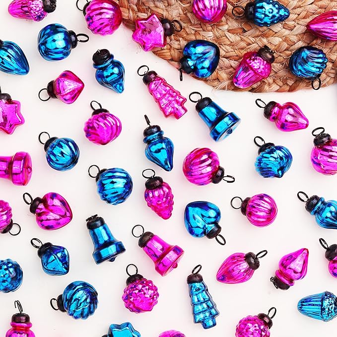 IndianShelf 50 Pieces Pink & Turquoise Glass Vintage Christmas Ornaments Mini Bulk Decorative Ornaments for Halloween, Christmas Tree, New Year, Valentine Day, Holidays, Event & Wedding(25 * 2 Boxes)