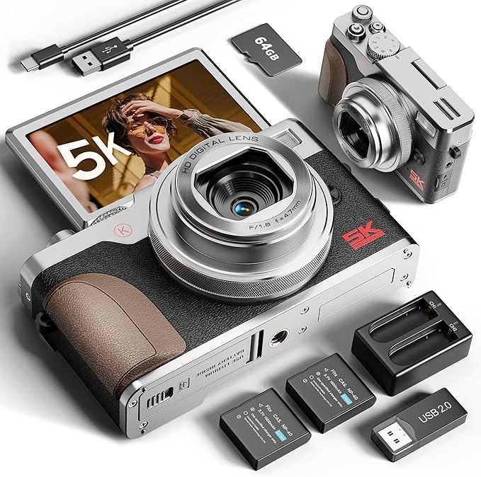 True 5K Digital Cameras for Photography 64MP - Autofocus 18X Zoom, with 3'' 180° Flip Screen, 64GB TF Card & 2 Batteries, Compact Travel Vlogging Camera for YouTube Beginners (Silver)
