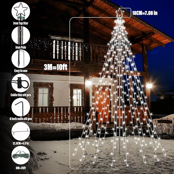 Flacchi 10 FT 404 LED Star String Lights Outdoor - Pole Set with Remote, Multiple Lighting Modes, Timer, and Waterproof Feature for Ultimate Holiday Decor (Cool White)